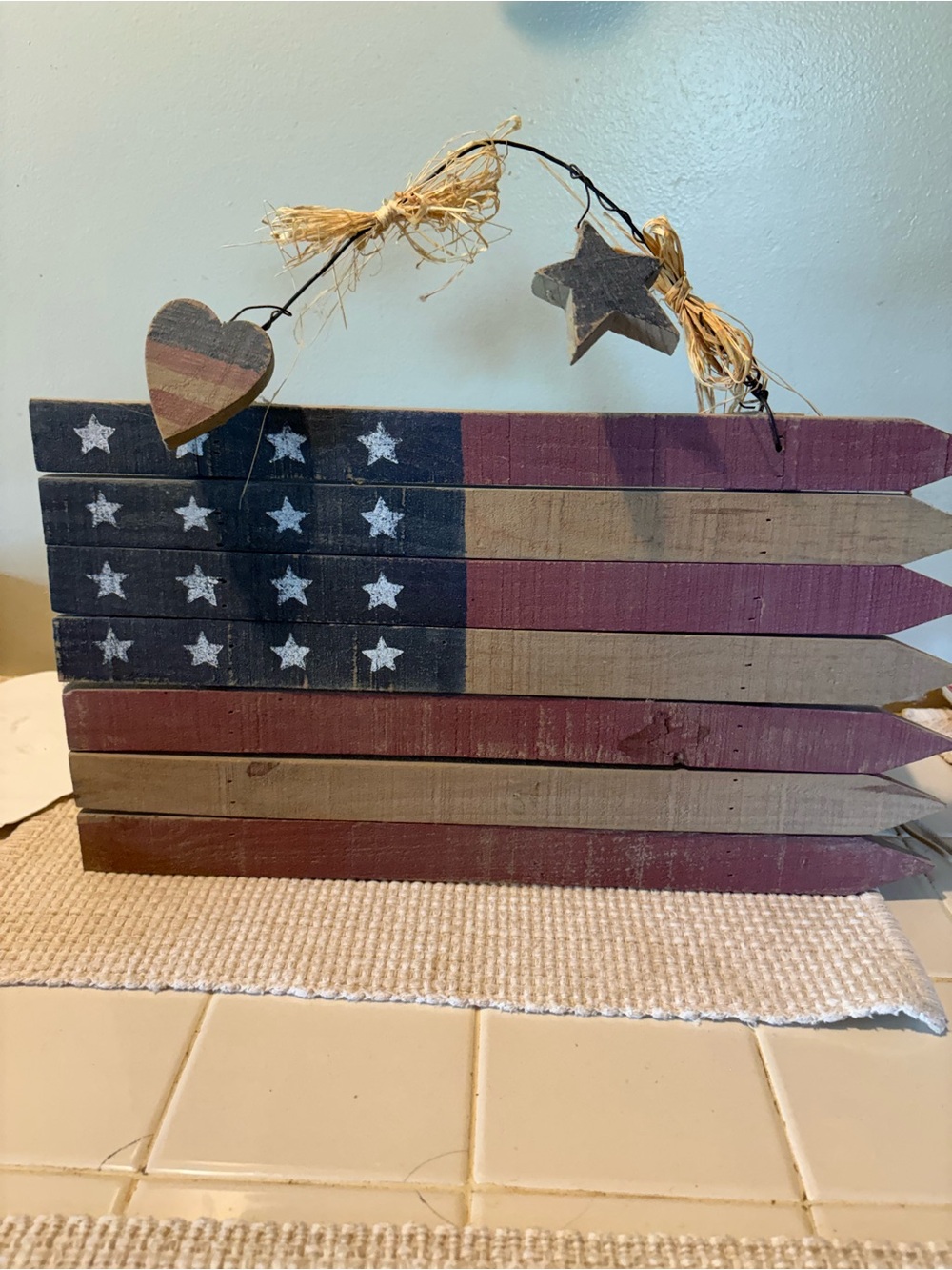 Rustic Wooden American Flag Wall Hanging - Red, Blue, Beige